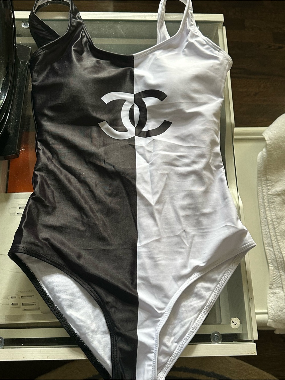 CHANEL Black and White Logo One-Piece Tank Top